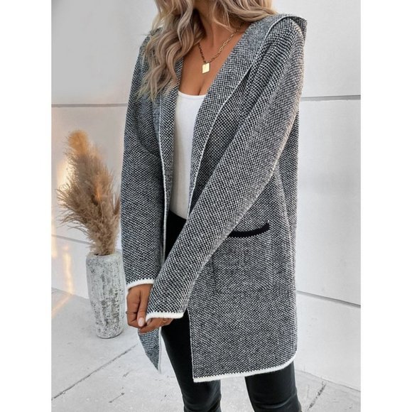 Pocketed Hooded Black Binding detailed knit sweater Cardigan - Picture 6 of 7